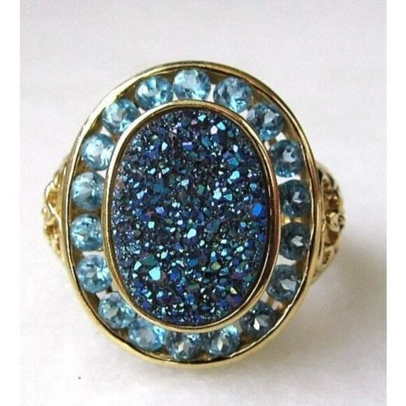Heng Ngai Jewelry - Heng Ngai 14K Yellow Gold Blue Topaz Druzy Quartz Ring Cocktail Statement Size 6